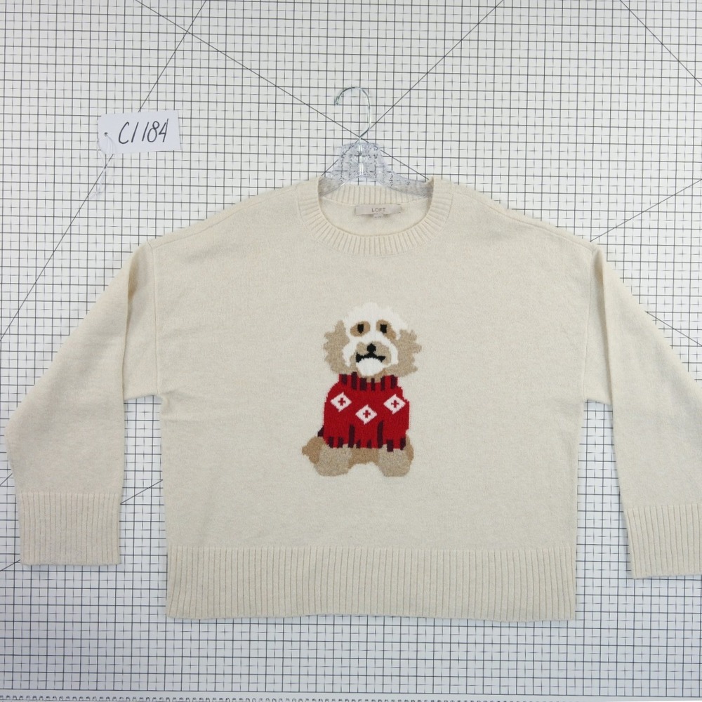 LOFT Dog Sweater Women's Size XL Cream Intarsia Cotton Blend Pullover Doodle - Picture 8 of 8